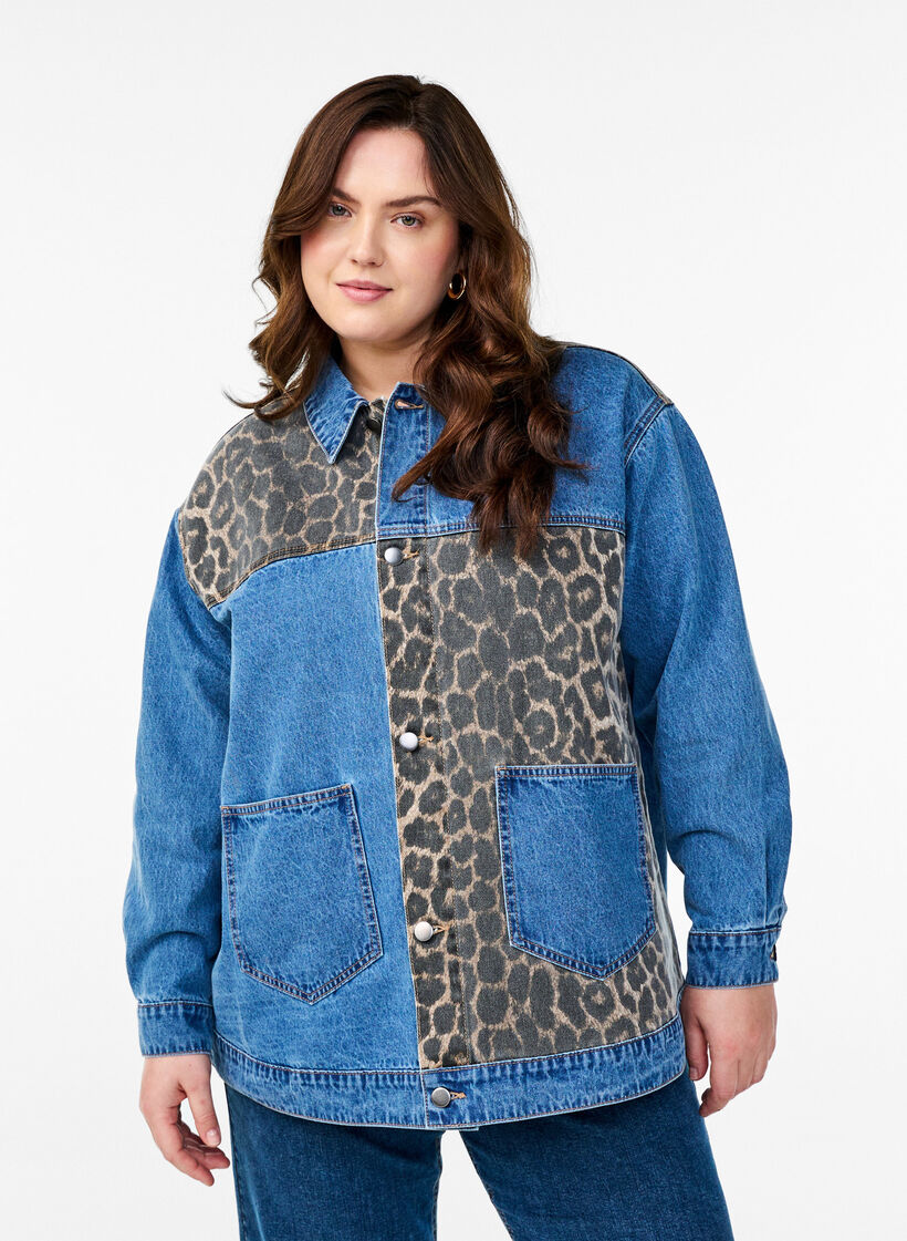 Denimskjorte med leopardmønstrede detaljer, LEO Color block, Model