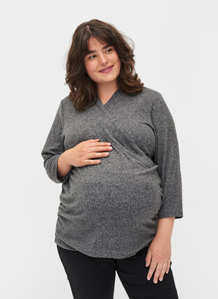 Bluse til gravide med 3/4-ermer og V-hals, Dark Grey Melange, Model image number 0