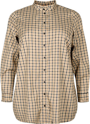Rutete skjortebluse med volanger, Brown Check, Packshot image number 0