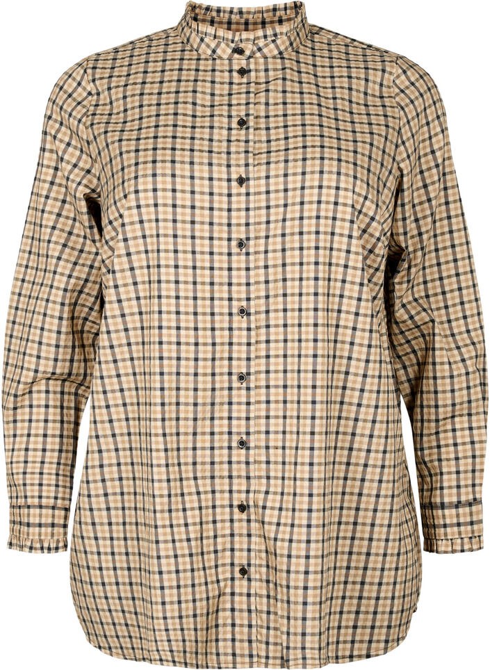 Rutete skjortebluse med volanger, Brown Check Rutete skjortebluse med volanger, Brown Check, Packshot
