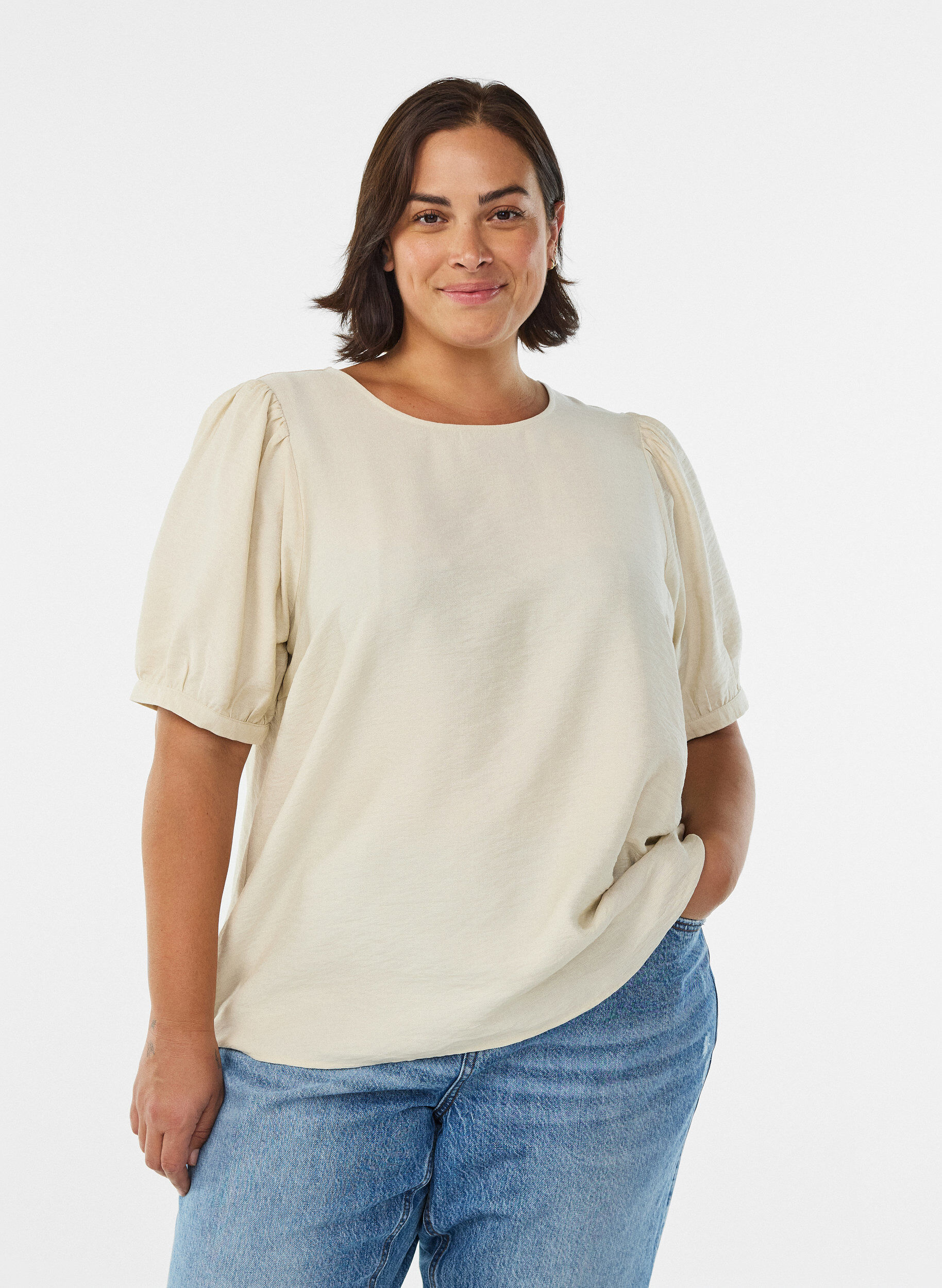 Viskose bluse med 1/2 ermer, Beige, Model