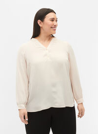 Langermet bluse med V-hals, Warm Off-white, Model