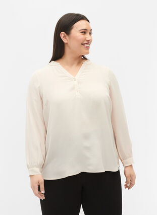 Langermet bluse med V-hals, Warm Off-white, Model image number 0