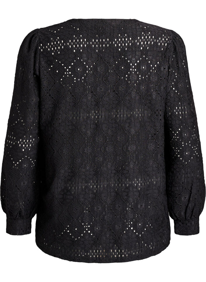 Langermet bluse med hullbroderi, Svart, Packshot image number 1