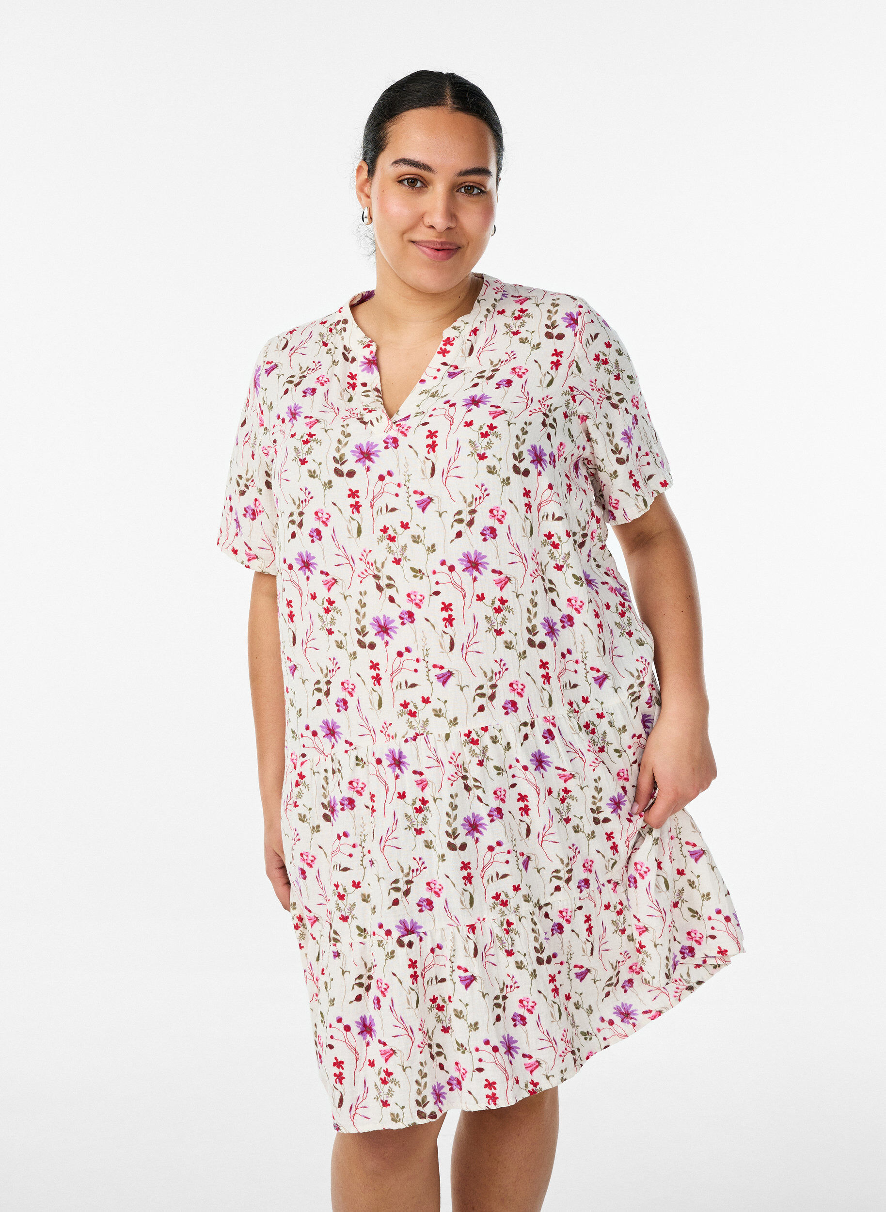 Kort A-linjekjole i bomullsmuslin, Beige, Model