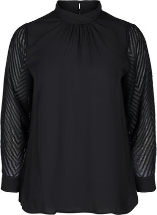Høyhalset bluse med lange gjennomsiktige ermer, Black, Packshot image number 0