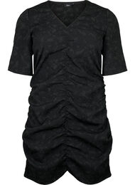 Kortermet kjole med strukturmønster og draperinger, Black