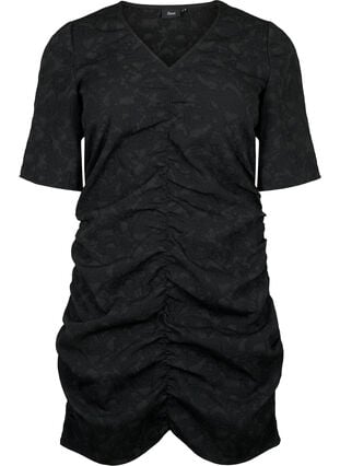 Kortermet kjole med strukturmønster og draperinger, Black, Packshot image number 0