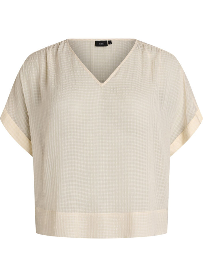 Seersucker bluse med V-hals, Beige, Packshot image number 0