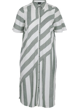 Kortermet skjortekjole i bomull med striper, Thyme Stripe, Packshot image number 0