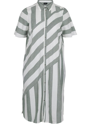 Kortermet skjortekjole i bomull med striper, Thyme Stripe, Packshot image number 0
