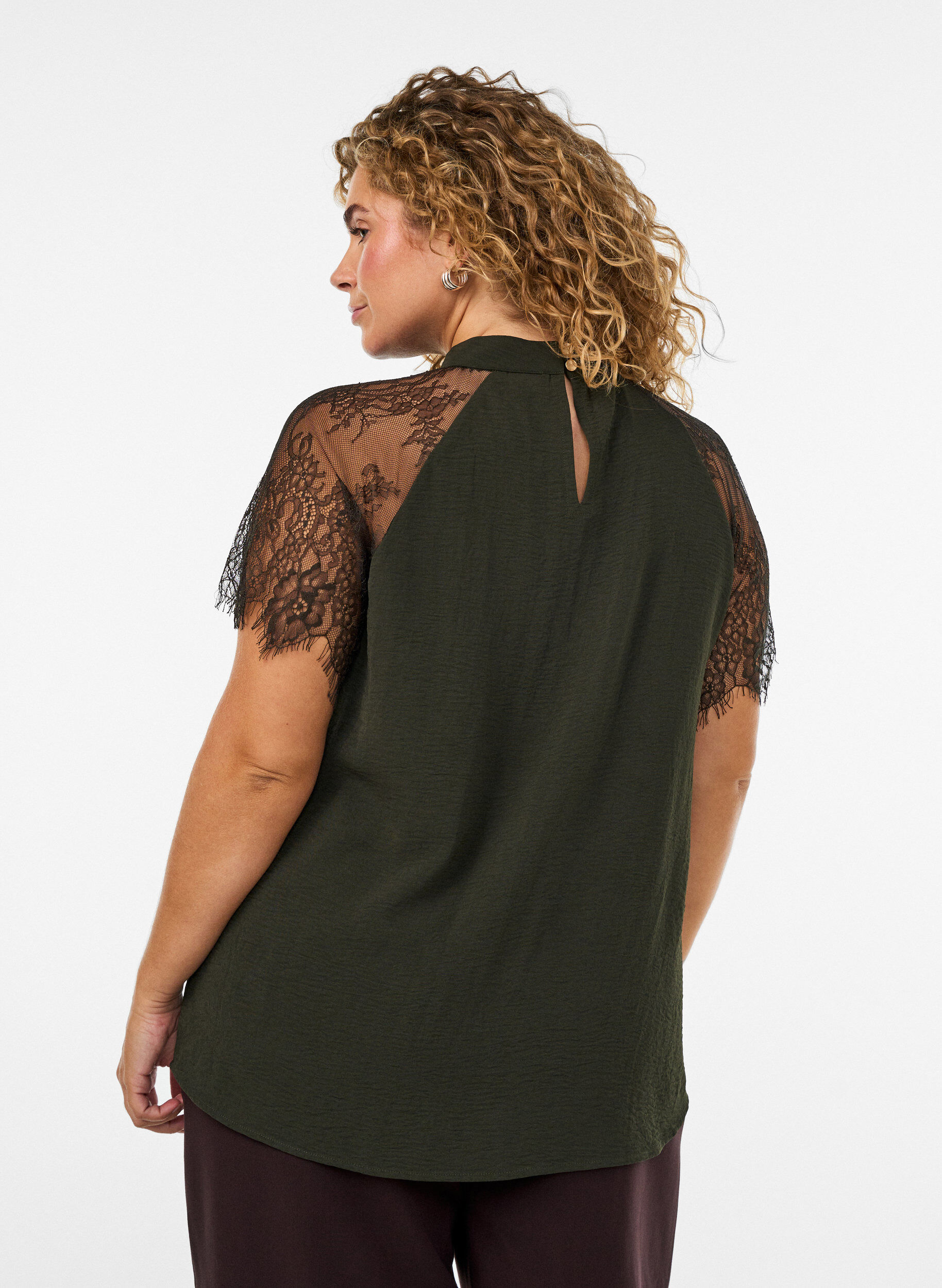 ZizziBluse med korte blondeermer og h&oslash;y hals, Gr&oslash;nn, Model image number 2
