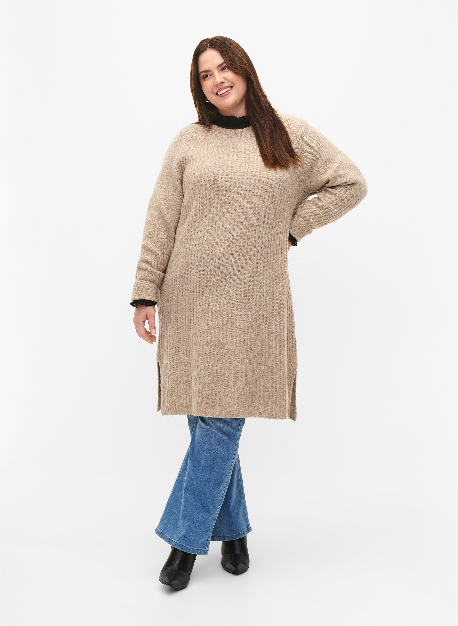 ZizziRibbestrikket kjole med splitt, Simply Taupe Mel., Model image number 2