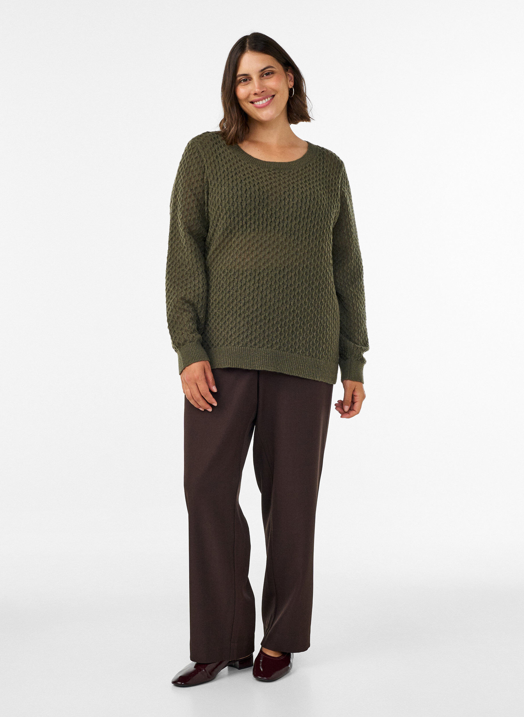 ZizziStrikkebluse med strukturert hullm&oslash;nster, Gr&oslash;nn, Model image number 1