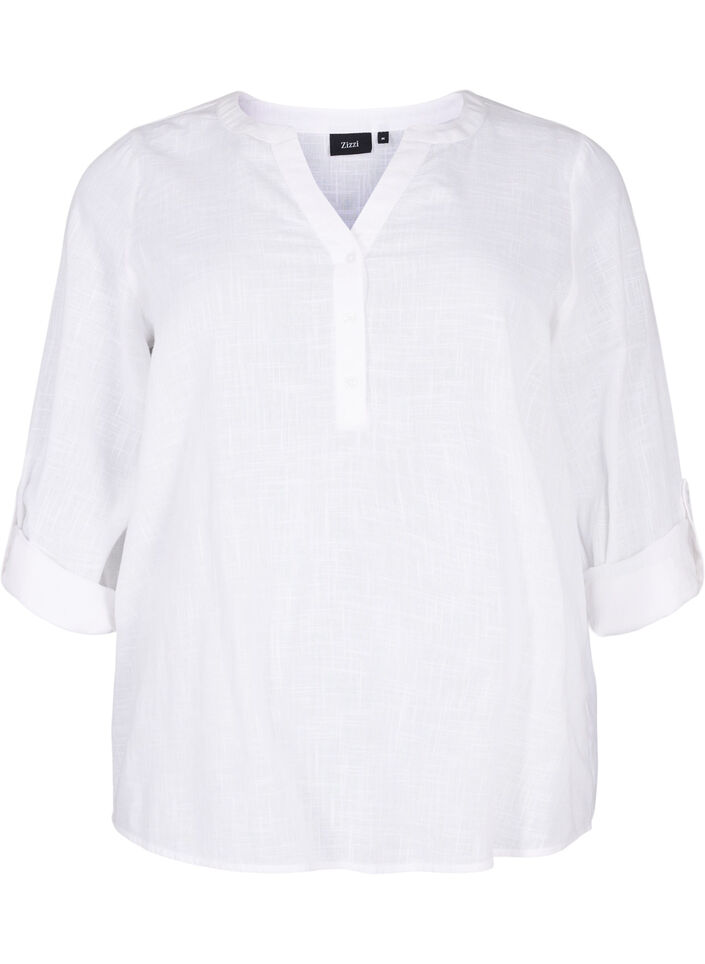 Bomullsbluse med V-hals, Bright White, Packshot image number 0