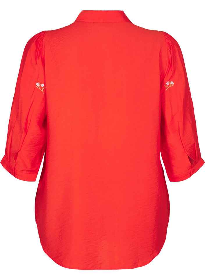 Bluse med 3/4-ermer og blomsterbroderi, Flame Scarlet, Packshot image number 1