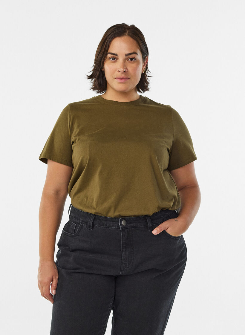 Basic T-skjorte i bomull med rund hals, Gr&oslash;nn, Model image number 0