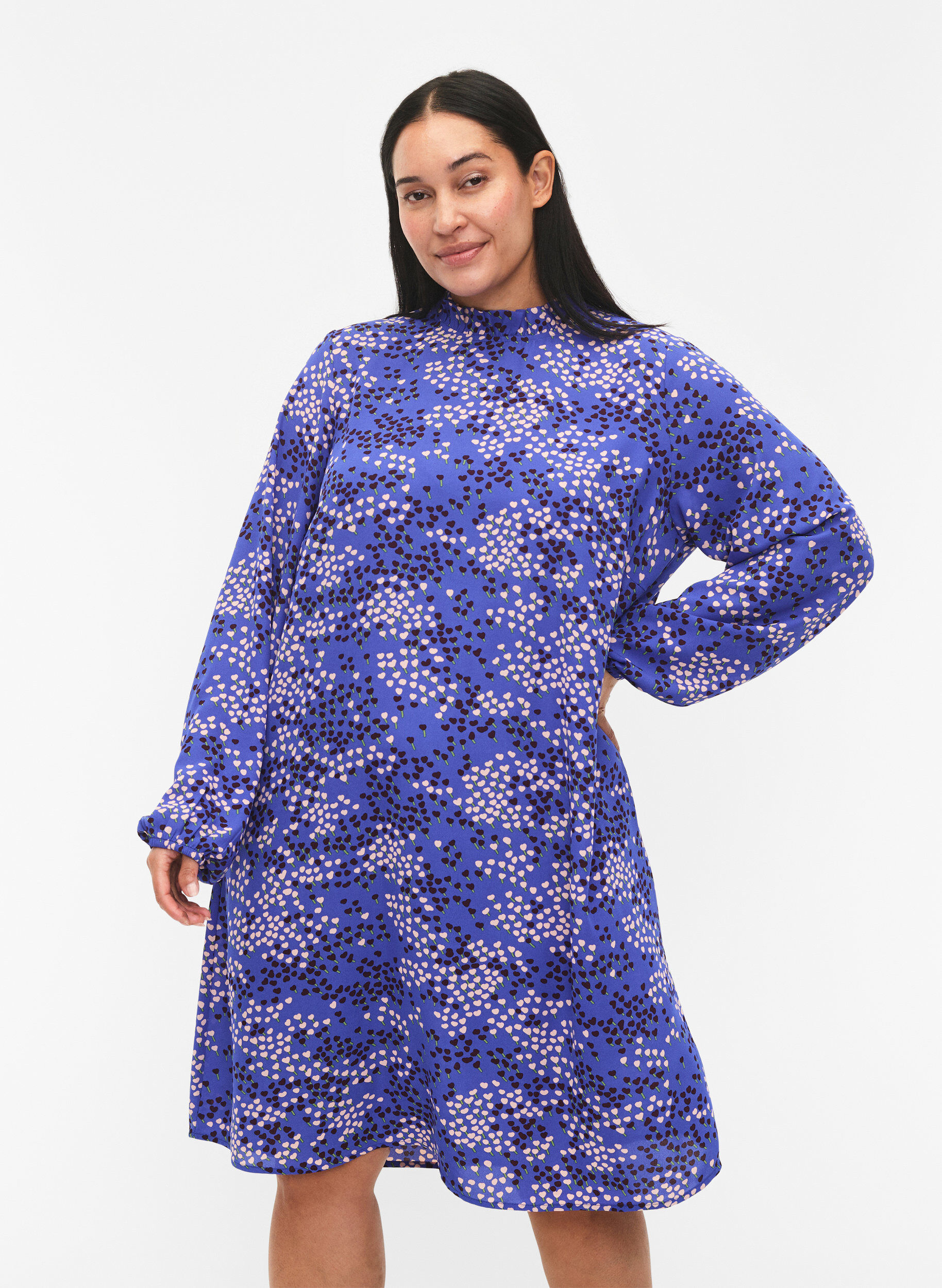 Zizzi FLASH &ndash; Langermet kjole med trykk, Dazzling Blue AOP, Model image number 0