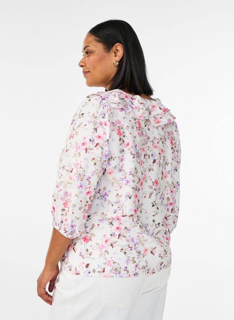 Viskose bluse med blomstertrykk og 3/4 ermer, Vanilje, Model image number 2