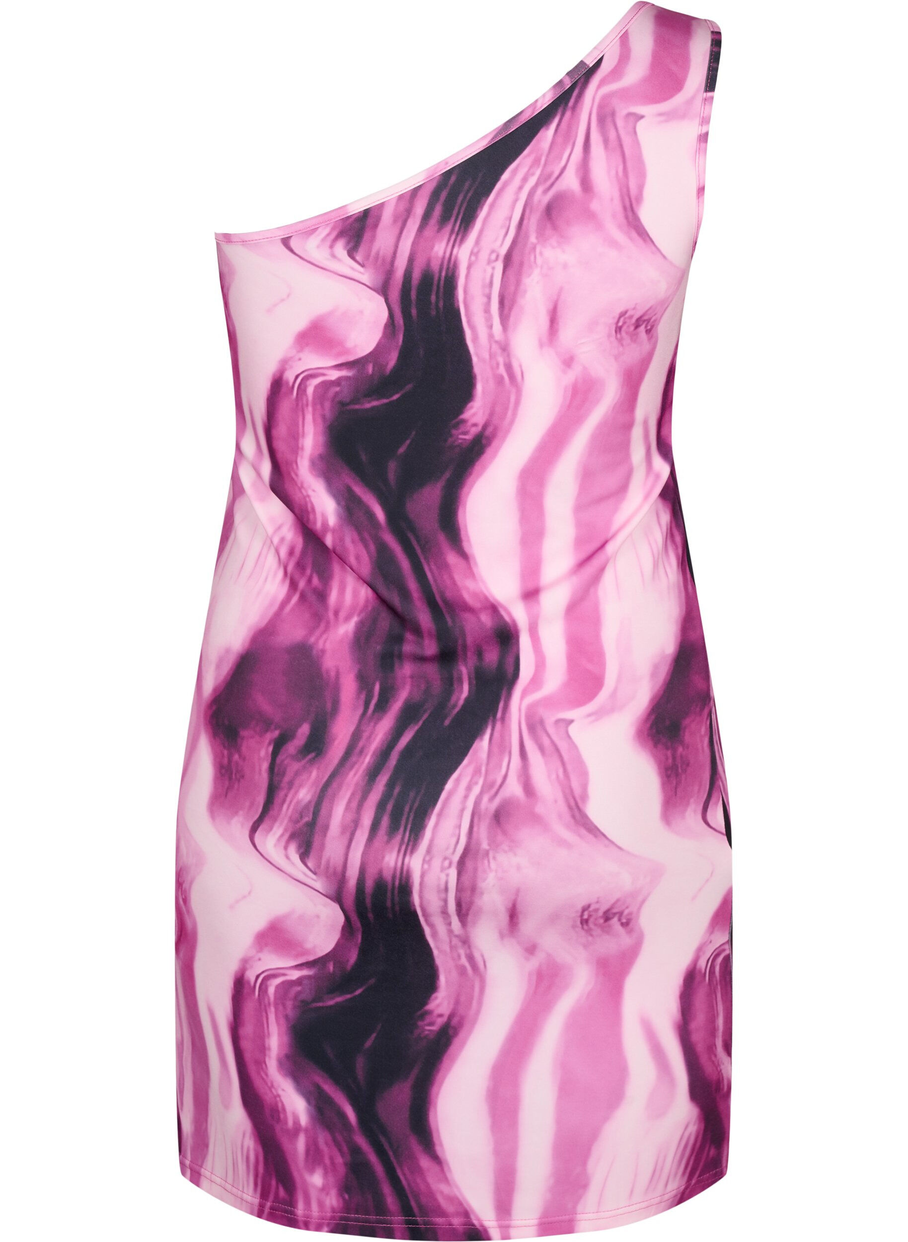 Zizzi Tettsittende one-shoulder kjole med m&oslash;nster, Raspberry Rose AOP, Packshot image number 1