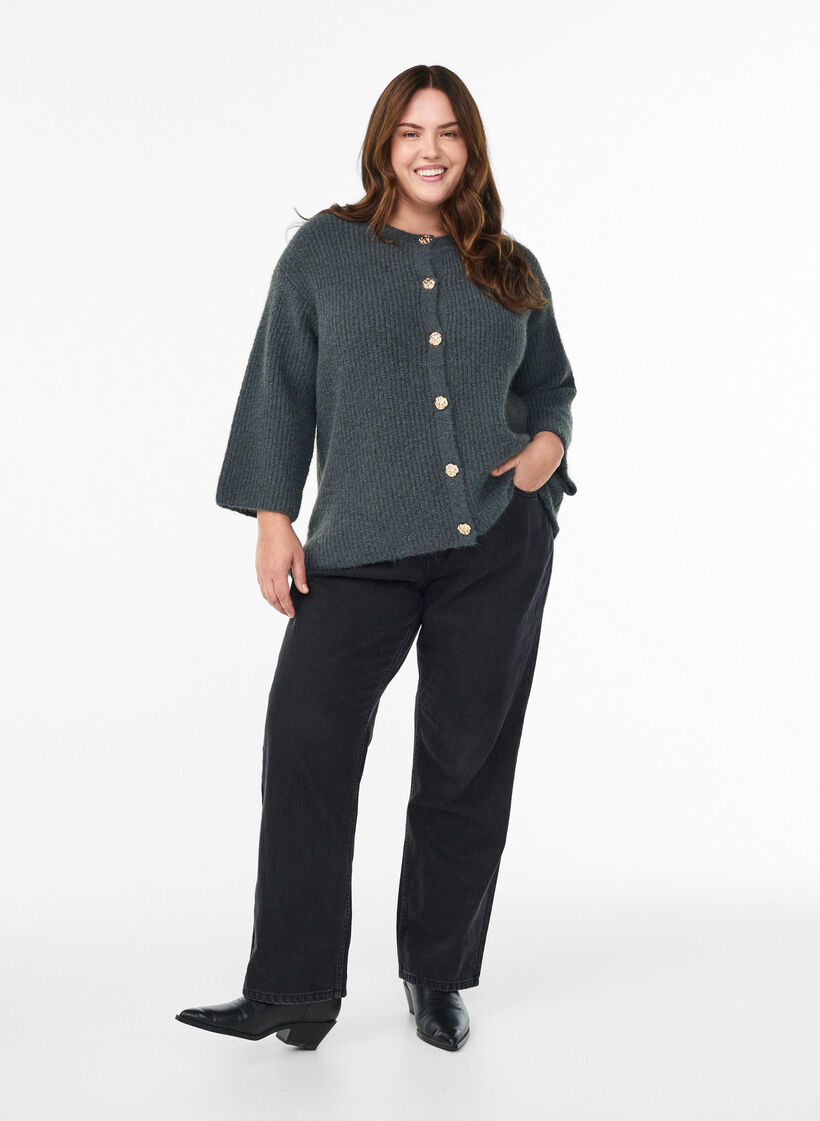 Kort cardigan med 3/4-ermer og gullfargede teksturerte knapper, Grønn, Model image number 1