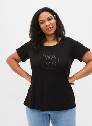 Kortermet T-skjorte i bomull med trykk, Black WAYS, Model image number 0