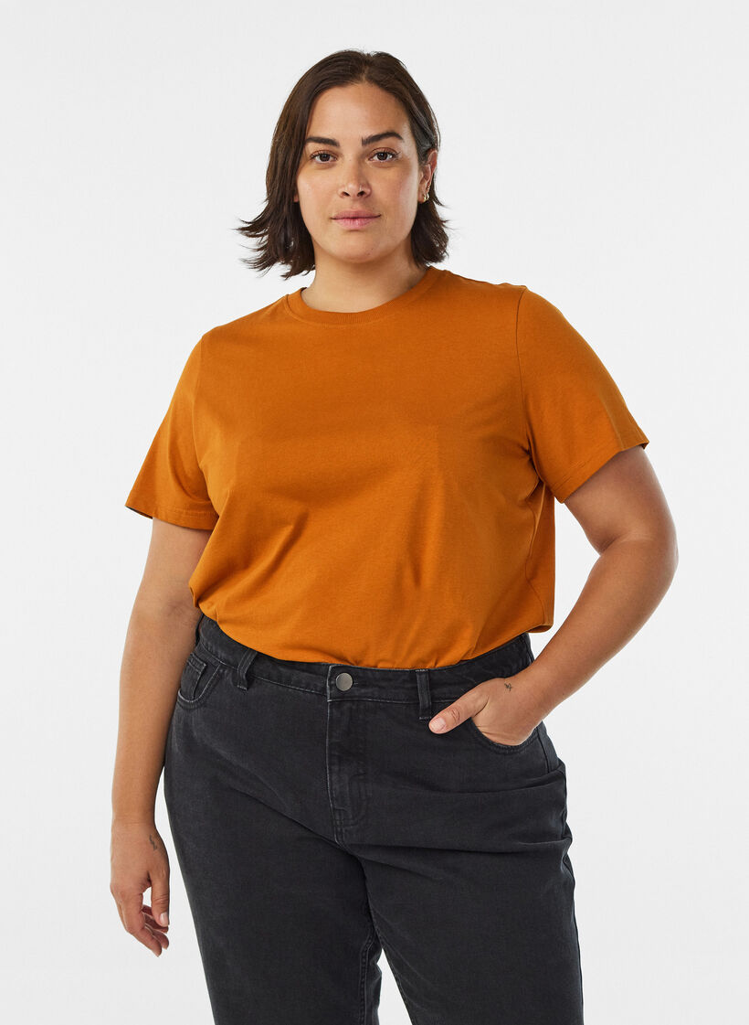 Basic T-skjorte i bomull med rund hals, Orange, Model image number 0