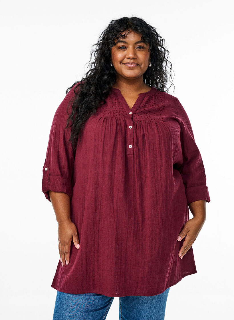 Bomulds muslin-tunika med broderie anglaise, M&oslash;rk Bordeaux, Model image number 0