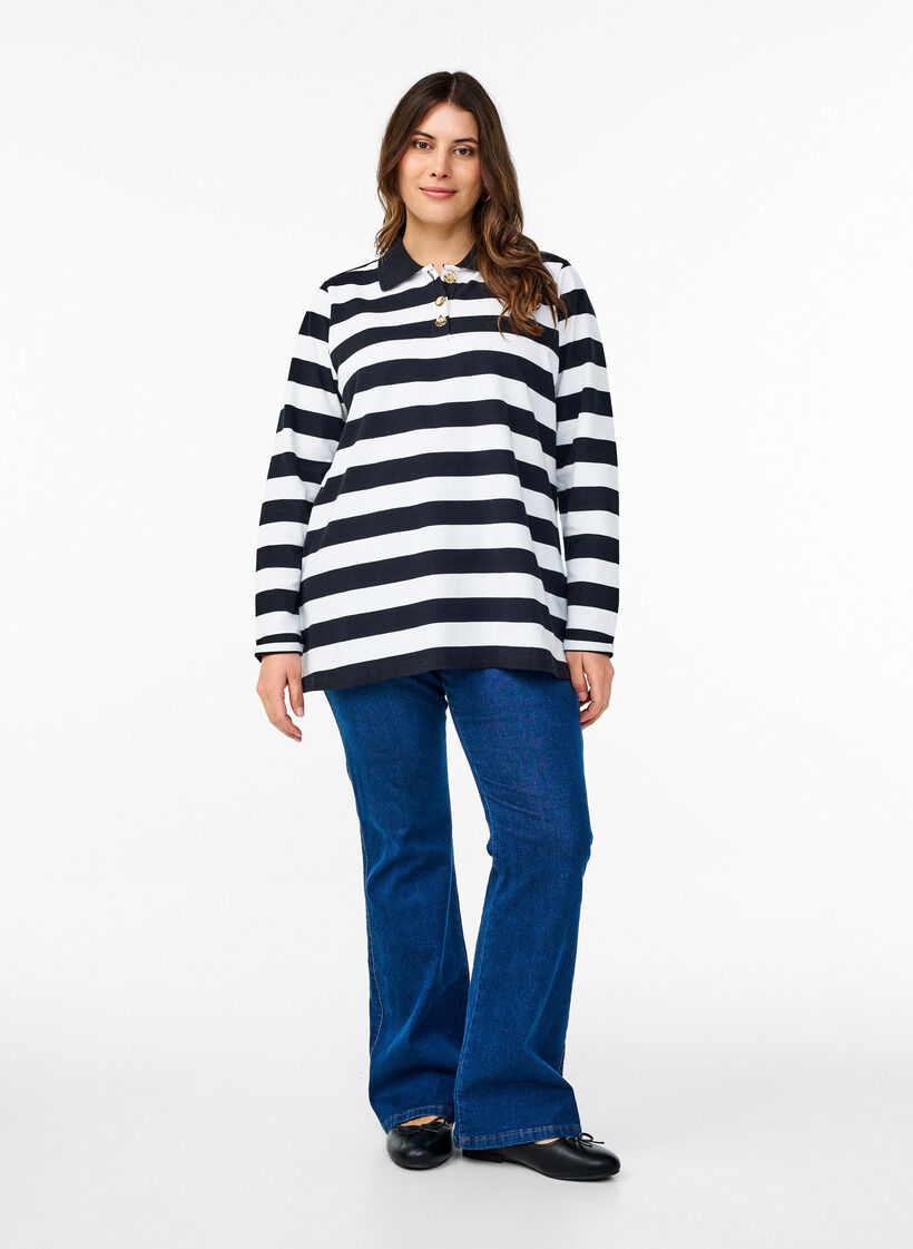 Stripete poloskjorte med lange ermer, Svart, Model image number 1