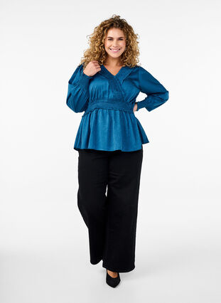 Zizzi Ton-i-ton mønstret bluse med smock, Midnight, Model image number 2