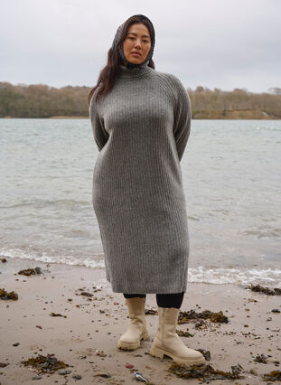 Zizzi Lang strikket kjole med høy hals, Medium Grey Mel., Image image number 0
