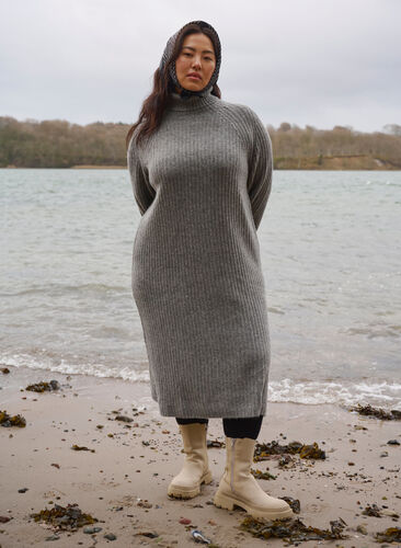 Zizzi Lang strikket kjole med høy hals, Medium Grey Mel., Image image number 0