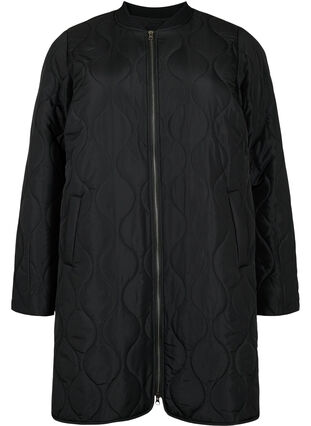 Lang quiltet jakke med lommer og glidelås, Black, Packshot image number 0