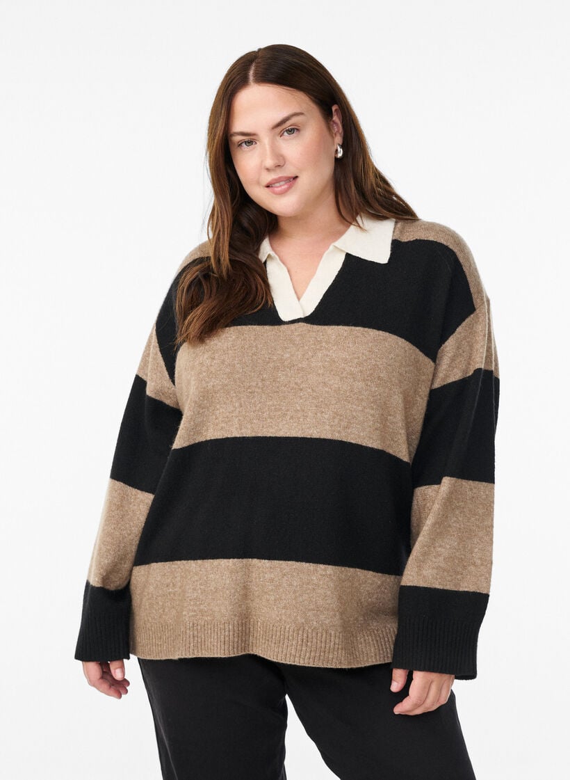 Strikket bluse med krage og V-hals, Black Stripe Comb, Model