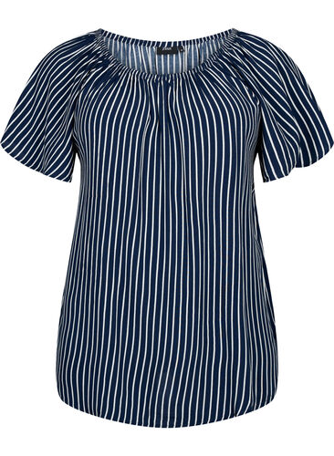 Stripete bluse av viskose med korte ermer, Navy B./White Stripe, Packshot image number 0