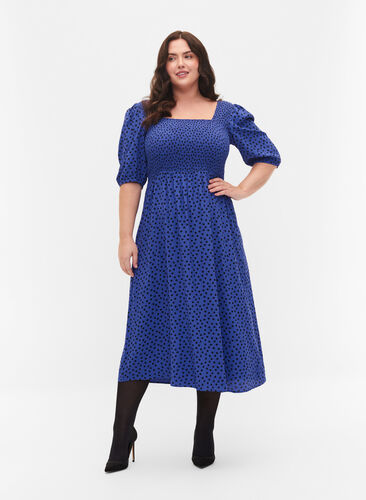 Prikkete kjole i viskose med smock, R.Blue w. Black Dot, Model image number 0