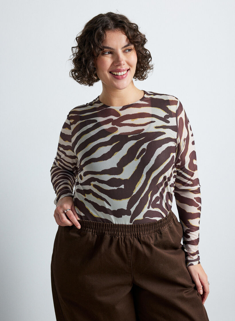 Meshbluse med trykk, Brun, Model image number 0