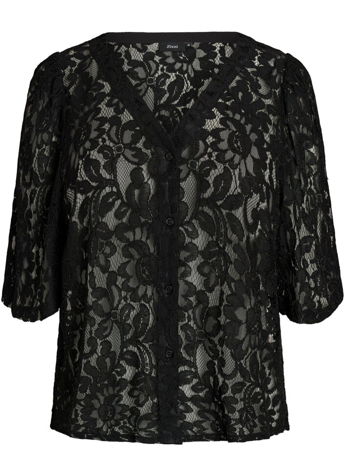 Kortermet bluse med blonder og V-hals, Svart, Packshot image number 0