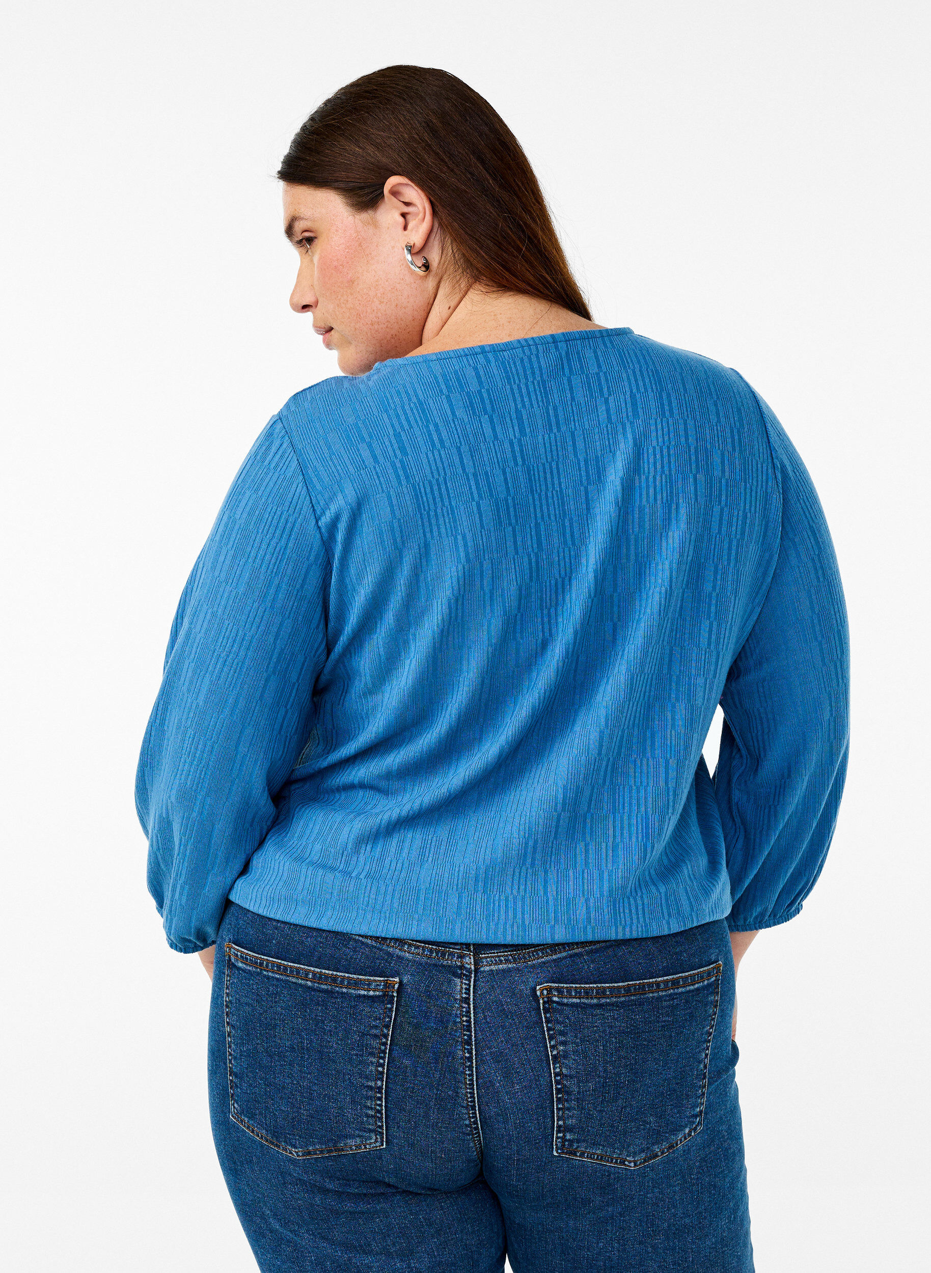 ZizziBluse med tekstur og 3/4 ermer, Bl&aring;, Model image number 2