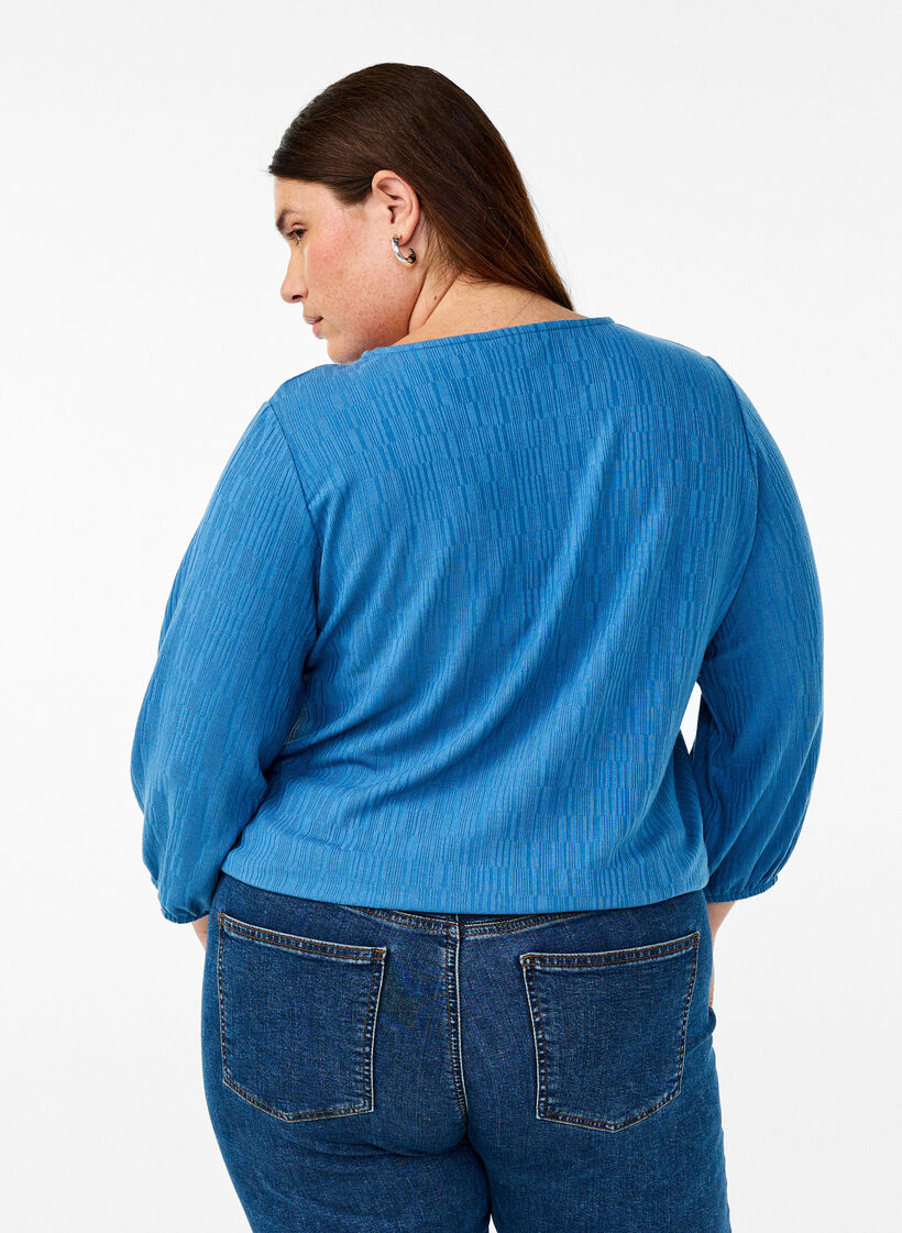 Bluse med tekstur og 3/4 ermer, Bl&aring;, Model image number 2
