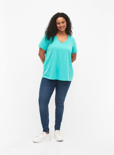 Kortermet T-skjorte med V-hals, Turquoise, Model image number 2