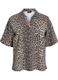 Leopardmønstret denimbluse med krage og halvlange ermer, Brun Leopardmønstret denimbluse med krage og halvlange ermer