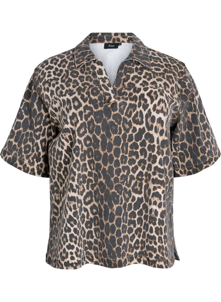 Leopardmønstret denimbluse med krage og halvlange ermer, Brun, Packshot image number 0