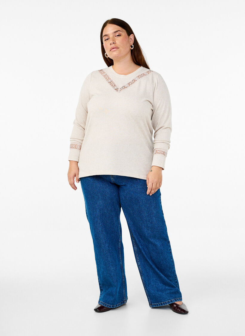 Bluse med broderidetaljer og lange ermer, Beige, Model image number 1