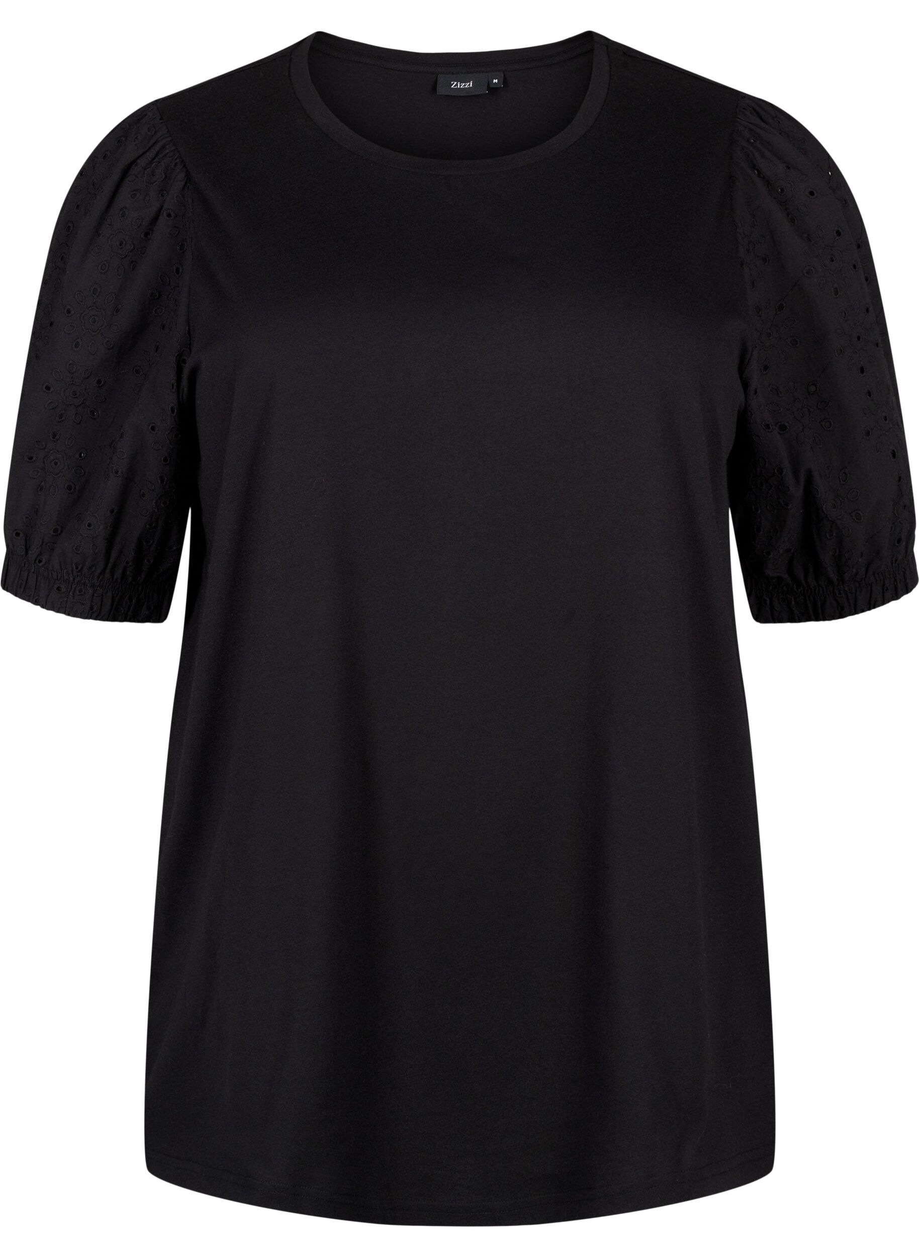 Zizzi Bluse i &oslash;kologisk bomull med broderi anglaise ermer, Black, Packshot image number 0
