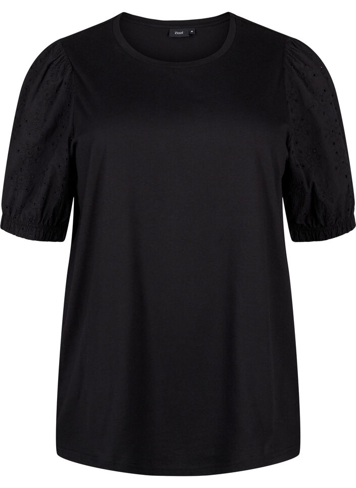 Bluse i økologisk bomull med broderi anglaise ermer, Black, Packshot image number 0