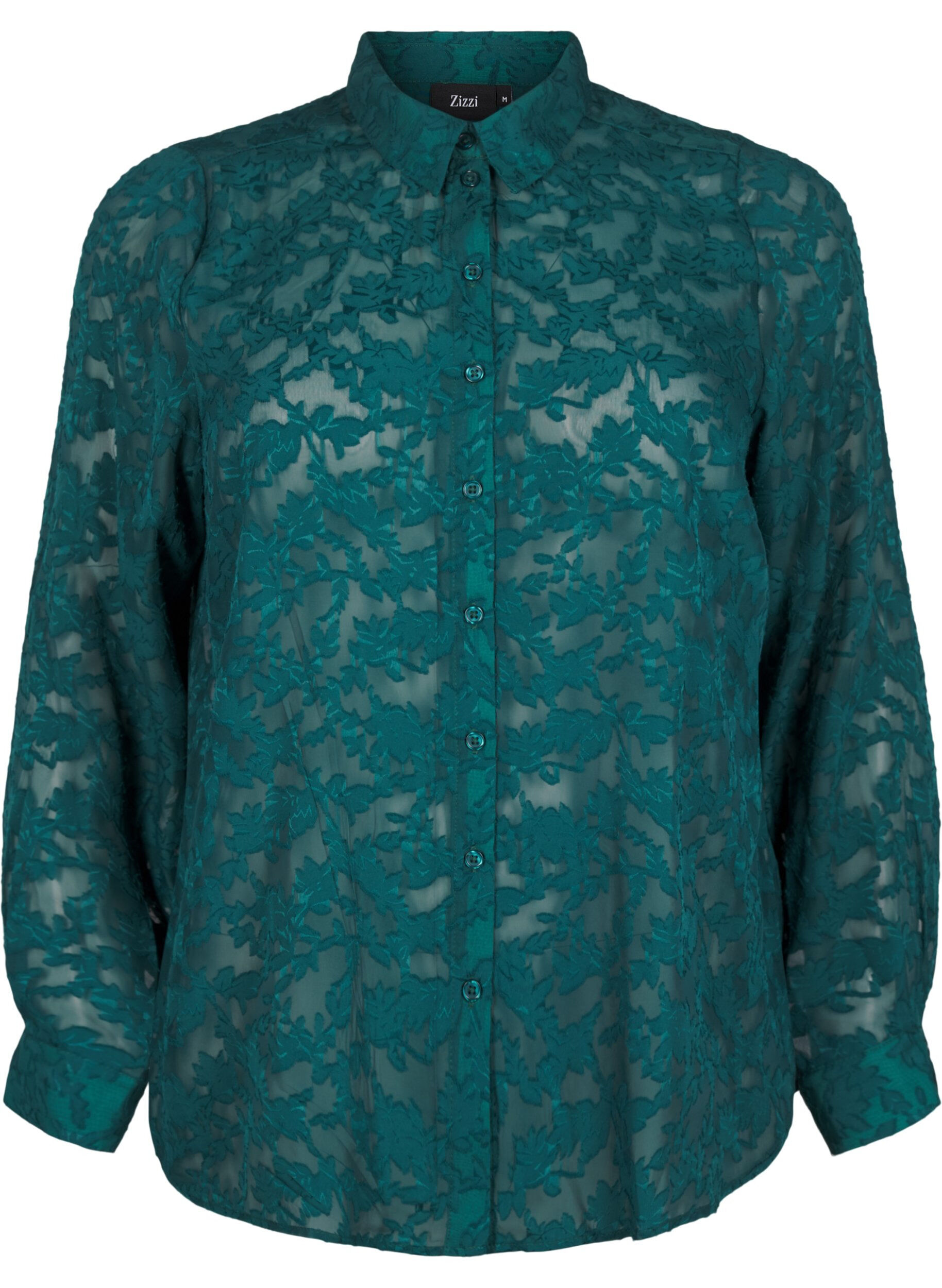 Zizzi Jacquard-skjorte med knapper, Rain Forest, Packshot image number 0