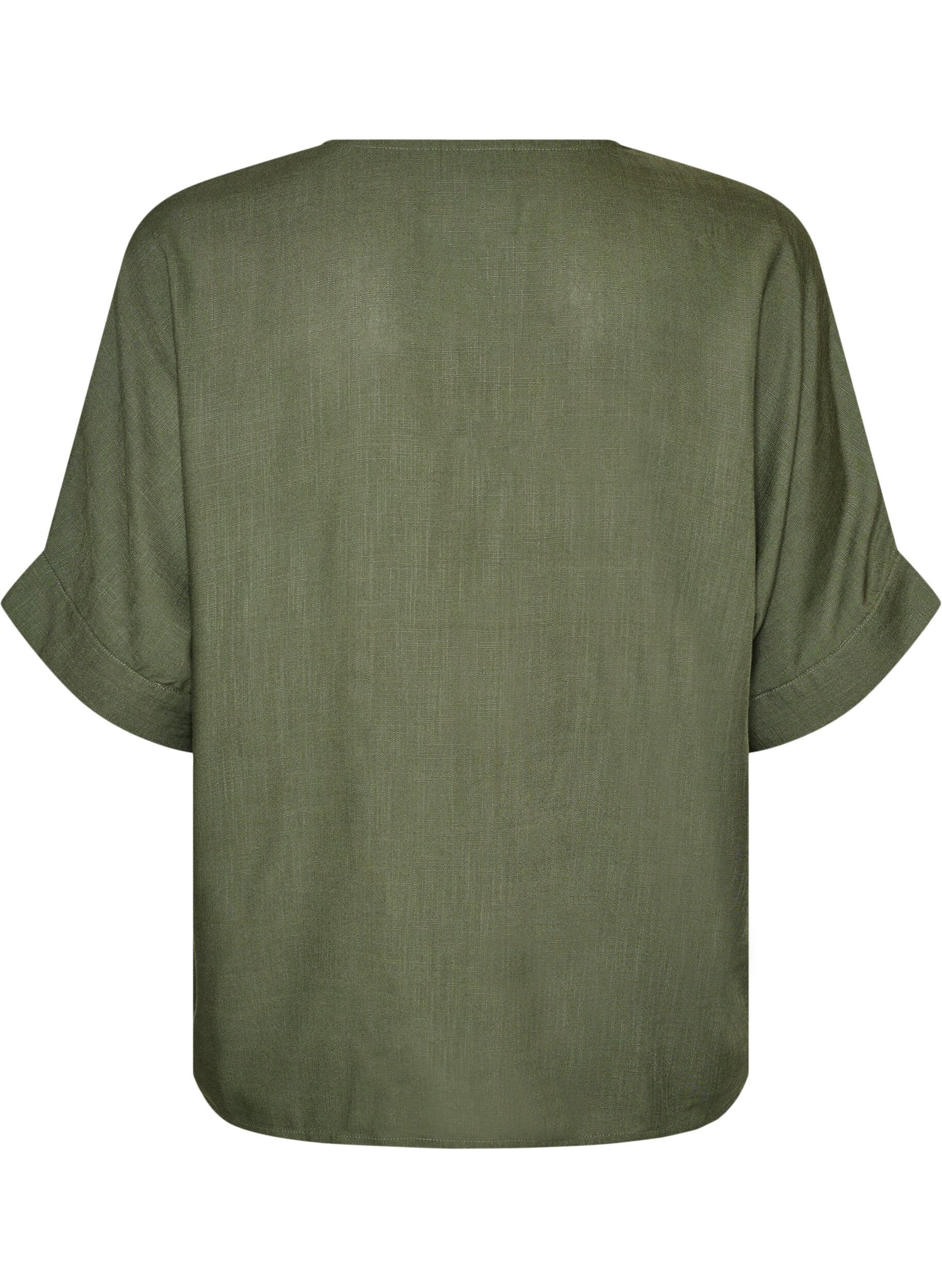 ZizziViskosebluse med heklet kant og knapper, Gr&oslash;nn, Packshot image number 1
