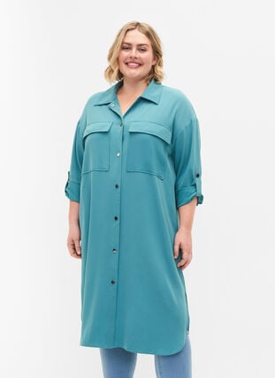 Lang skjortejakke med knappelukking, Brittany Blue, Model image number 0