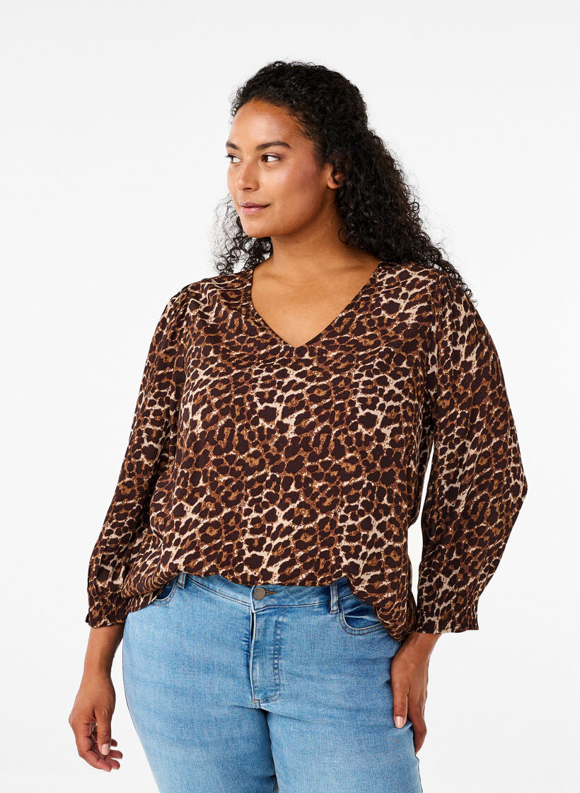 Bluse med leopardmønster og 3/4-ermer, Leo AOP, Model image number 0